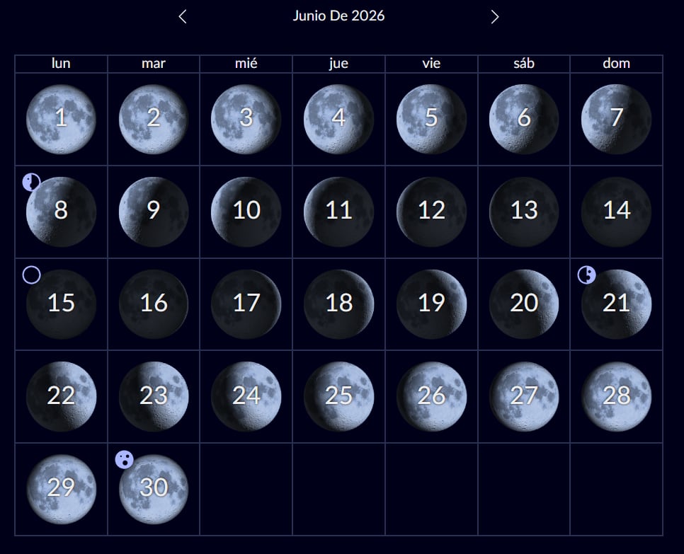 Calendario lunar de junio de 2026 (Crédito: Starwalk / Vito Technology)