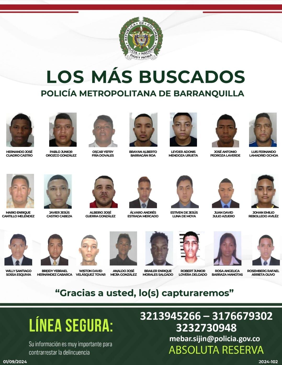 Cartes de los más buscados -Policía Metropolitana de Barranquilla