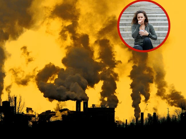 Fabricas, contaminación y mujer tosiendo (Fotos vía Getty Images)