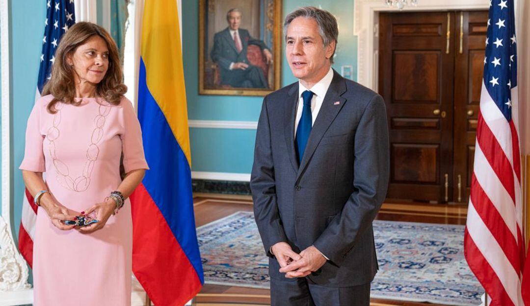 La vicepresidenta y canciller, Marta Lucía Ramírez, durante su reunión con el secretario de Estado, Antony Blinken.