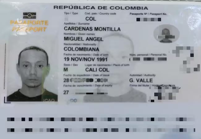 Pasaporte de Miguel Ángel Cárdenas Montilla, el mercenario caleño que se rindió ante las fuerzas rusas. (Foto: Caracol Radio / Ministerio de Defensa de Rusia)