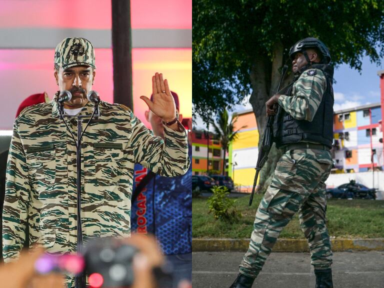 Nicolás Maduro y al lado un miembro de las Fuerzas Militares Venezolanas (Fotos vía Getty Images)