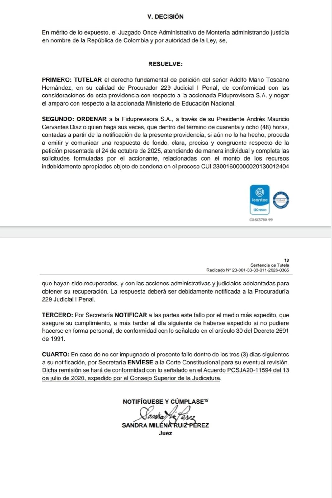 Decisión judicial. Suministrada a Caracol Radio.