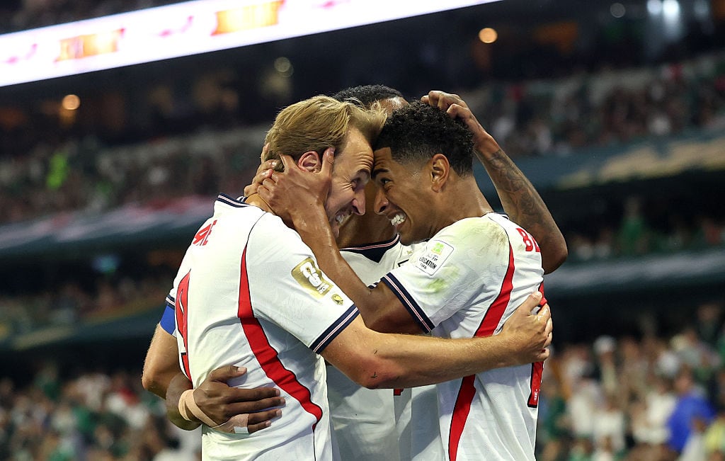MEXICO CITY, MEXICO - JULY 05: Jude Bellingham #10 of England celebrates scoring his team's second goal with Harry Kane #9 during the FIFA World Cup 2026 Round of 16 match between Mexico and England at Mexico City Stadium on July 05, 2026 in Mexico City, Mexico. (Photo by Eddie Keogh - The FA/The FA via Getty Images)