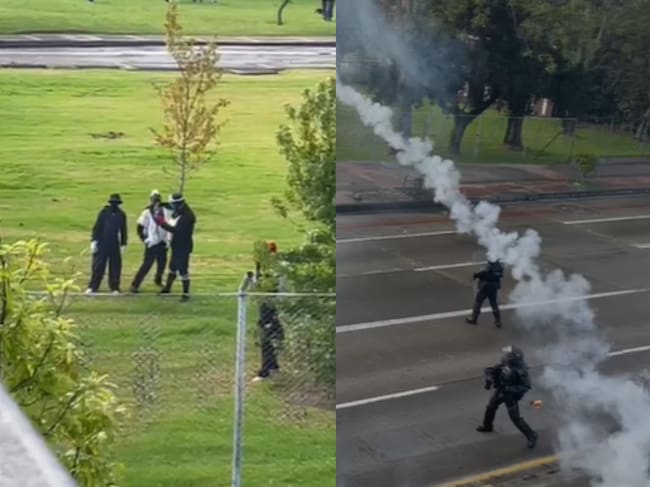 Encapuchados y uniformados de la Policía se enfrentan sobre la Universidad Nacional de Bogotá. Foto: capturta pantalla video W Radio