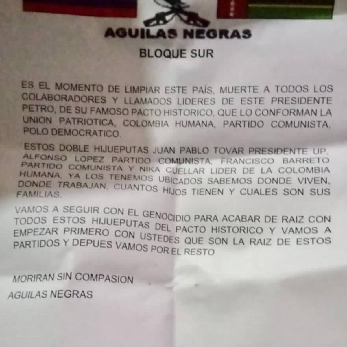 Descartan amenazas de las Águilas Negras contra dirigentes políticos en el Huila