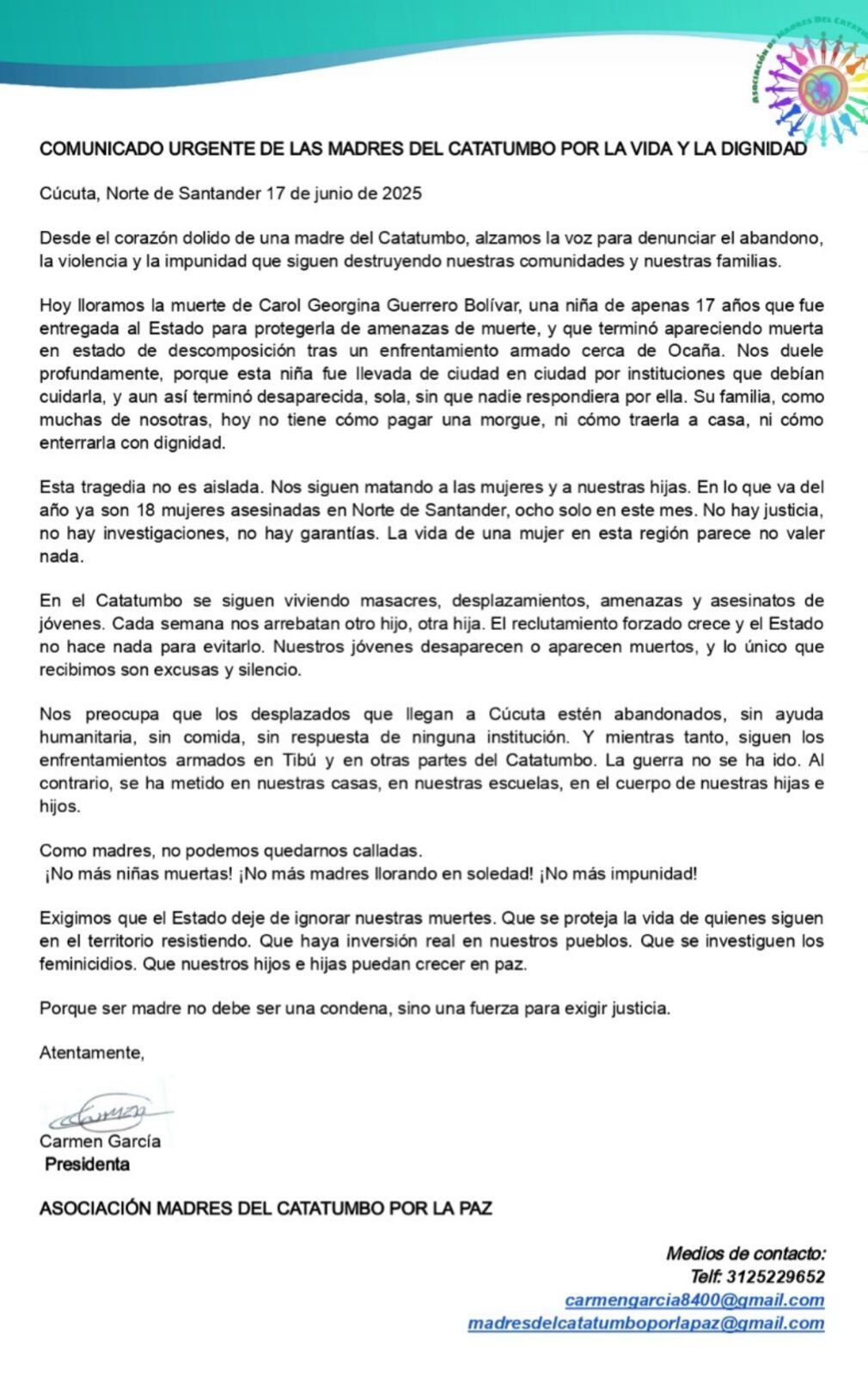 Grave denuncia de las Madres del Catatumbo. / Foto: Cortesía.