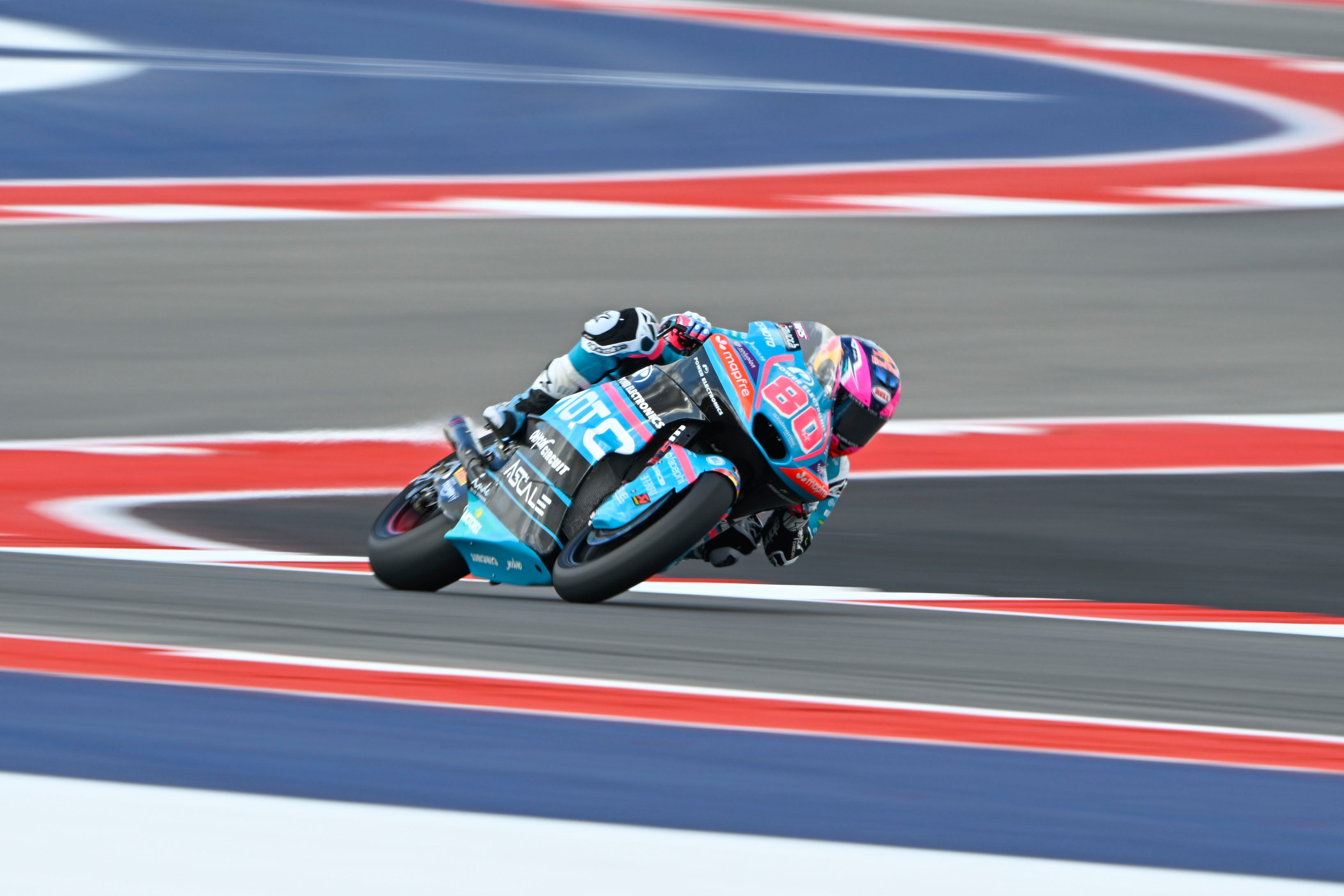 AUSTIN, TEXAS - MARCH 27: David Alonso of Colombia rides the CFMOTO Inde Aspar Team Moto2 bike (80) during Moto2 free practice ahead of the MotoGP of United States at Circuit of The Americas on March 27, 2026 in Austin, Texas. (Photo by Gold & Goose Photography/Getty Images)