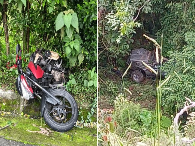Un motociclista resultó herido en Anserma al impactar contra un carro (izquierda) y un campero rodó por una ladera de 70 metros en Manzanares (derecha).