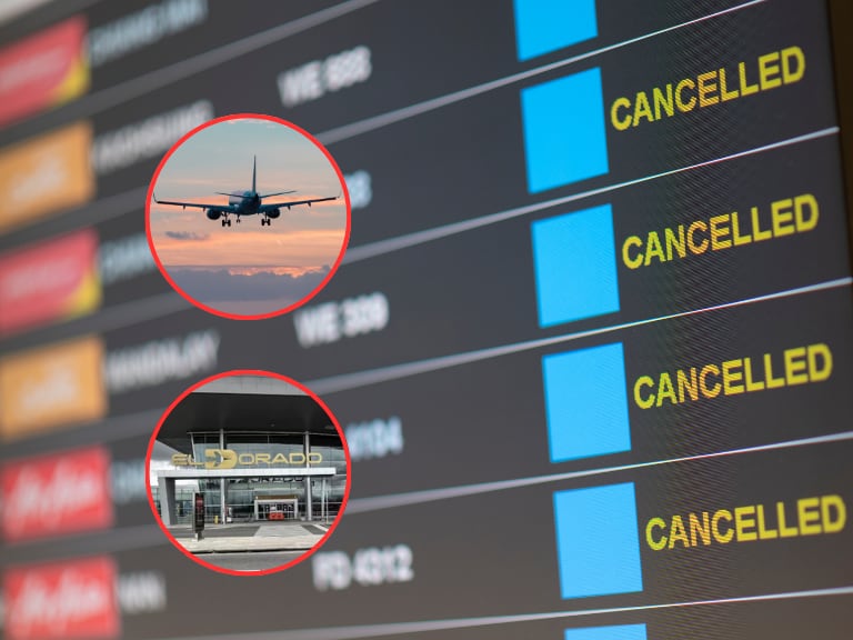 Pantalla con vuelos cancelados y al lado un avión y el aeropuerto El Dorado (Fotos vía Getty Images y las redes sociales de las entidades financieras)