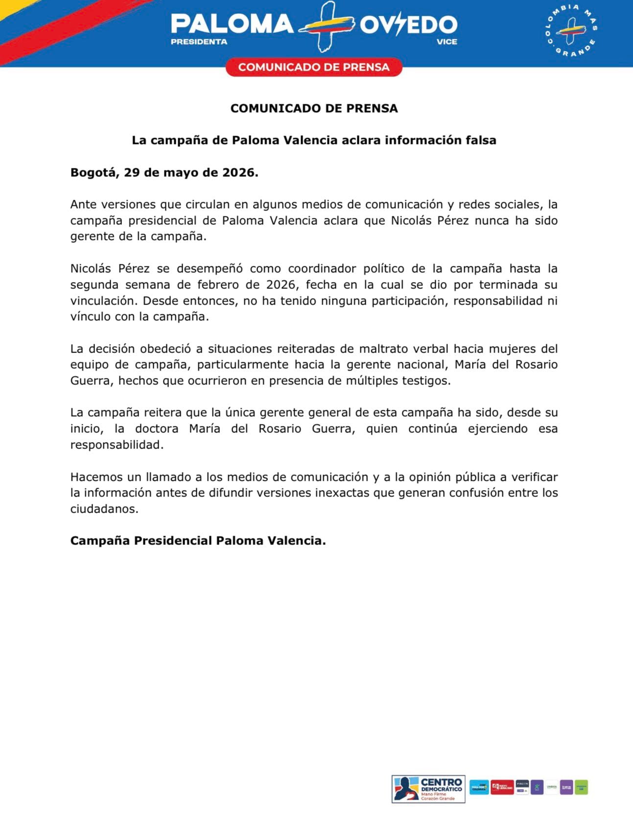 DECLARACIÓN DEL CENTRO DEMOCRÁTICO ACERCA DE LA SALIDA DE NICOLÁS PÉREZ