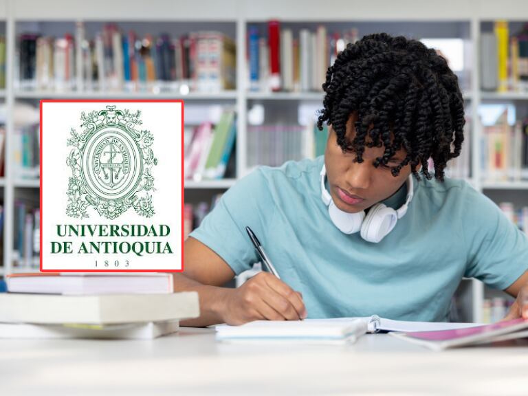 Joven estudiantes estudiando en la biblioteca de su universidad (Getty Images) / Logo de la Universidad de Antioquia