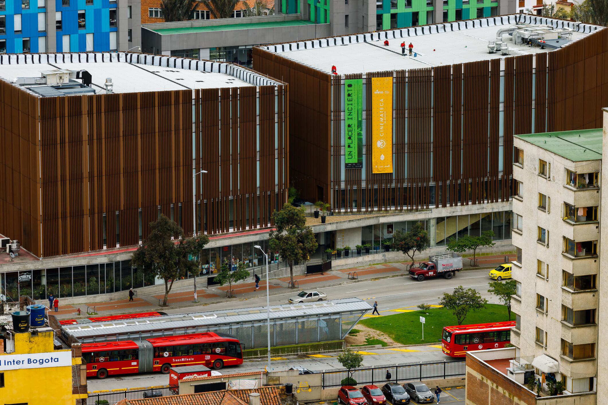 Bogota, Colombia - January 23, 2023: Aerial view of Cinemateca de Bogota and Transmilenio bus station