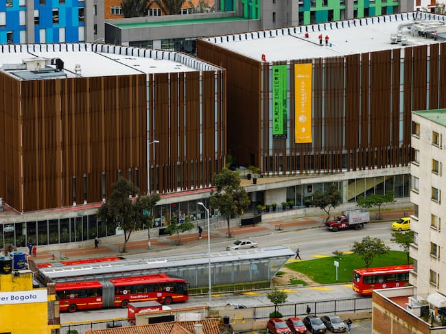 Bogota, Colombia - January 23, 2023: Aerial view of Cinemateca de Bogota and Transmilenio bus station