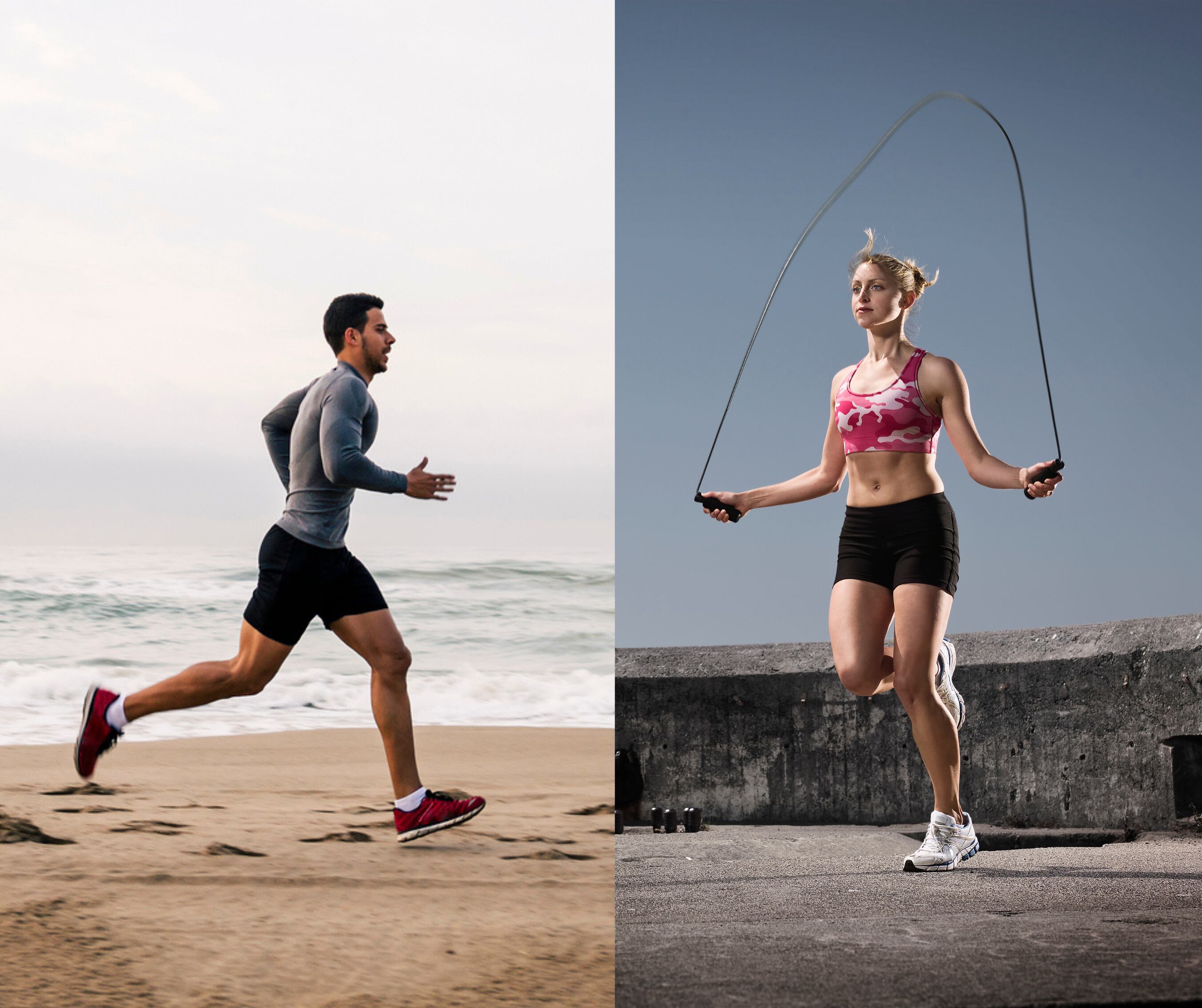Hombre corriendo en la playa y mujer saltando lazo (Fotos vía Getty Images)