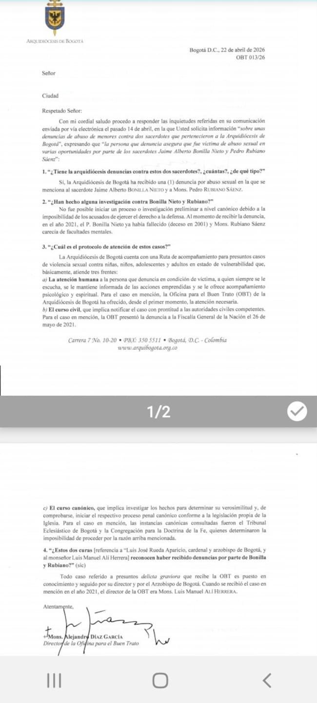 Carta Arquidiócesis de Bogotá