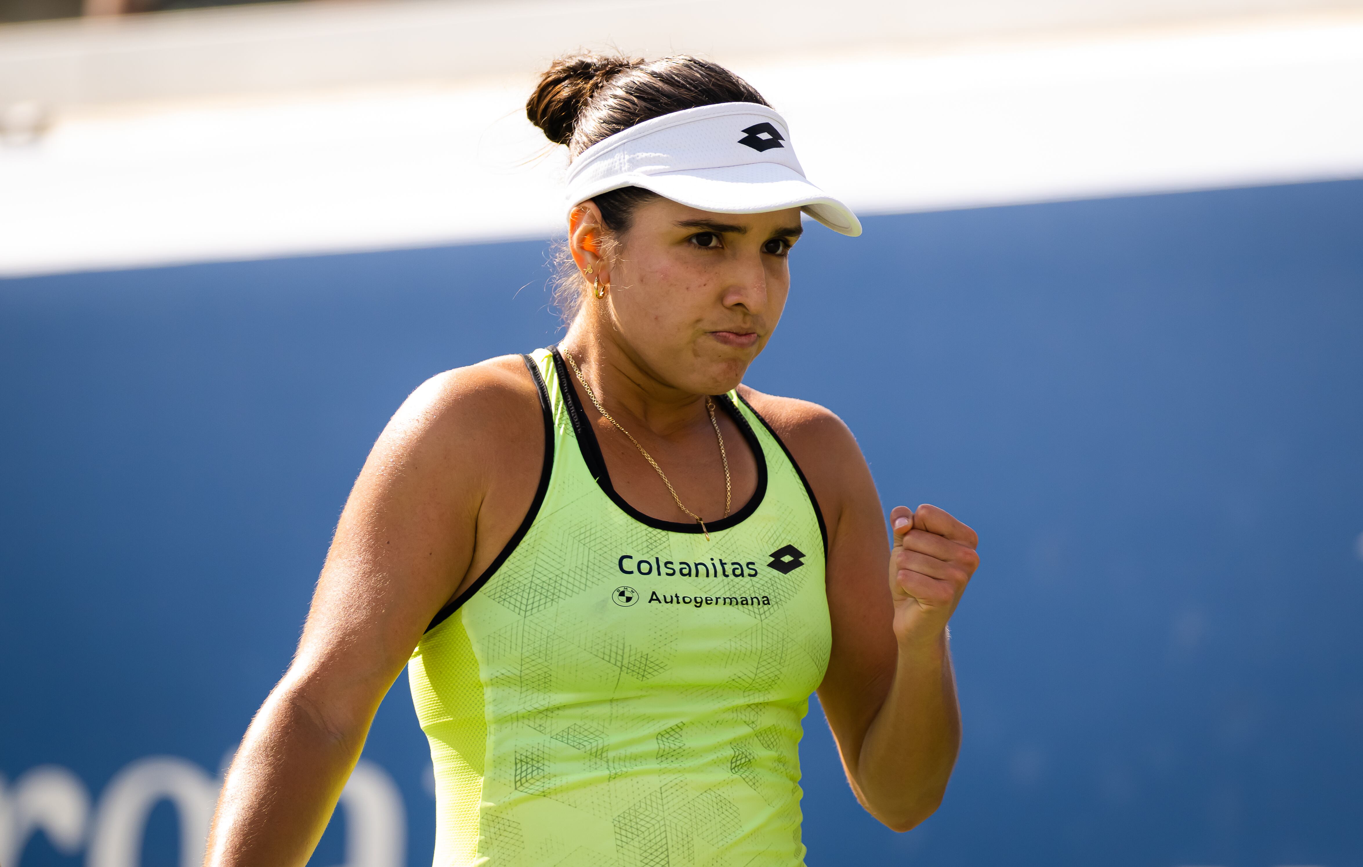 NEW YORK, NEW YORK - AUGUST 31: Camila Osorio of Colombia celebrates winning a point against Alison Riske-Amritraj of the United States during in second round match on Day 3 of the US Open Tennis Championships at USTA Billie Jean King National Tennis Center on August 31, 2022 in New York City (Photo by Robert Prange/Getty Images)