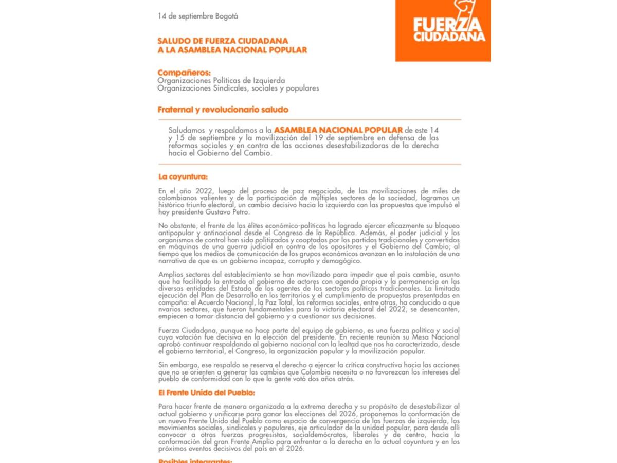 Fuerza Ciudadana propone un Frente Unido para el Pueblo contra élites de extrema derecha
