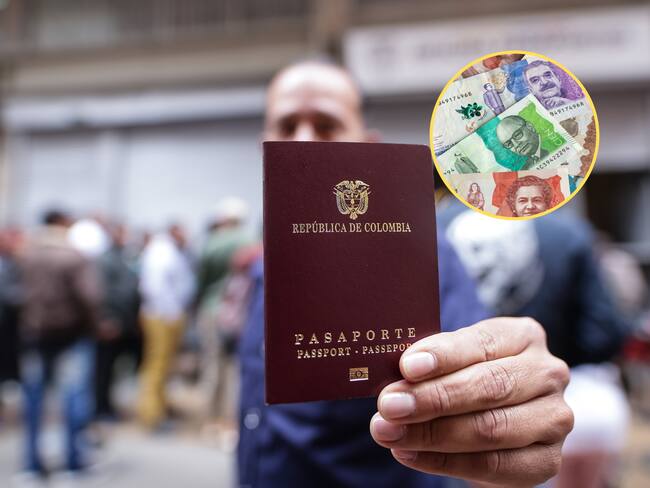 Ciudadano mostrando el pasaporte de Colombia. En el círculo, la imagen de billetes colombianos de diferente denominación (Fotos vía Colprensa y GettyImages)