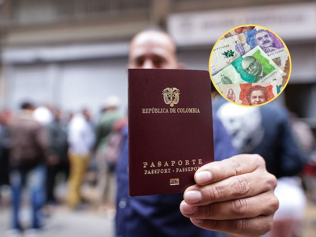 Ciudadano mostrando el pasaporte de Colombia. En el círculo, la imagen de billetes colombianos de diferente denominación (Fotos vía Colprensa y GettyImages)