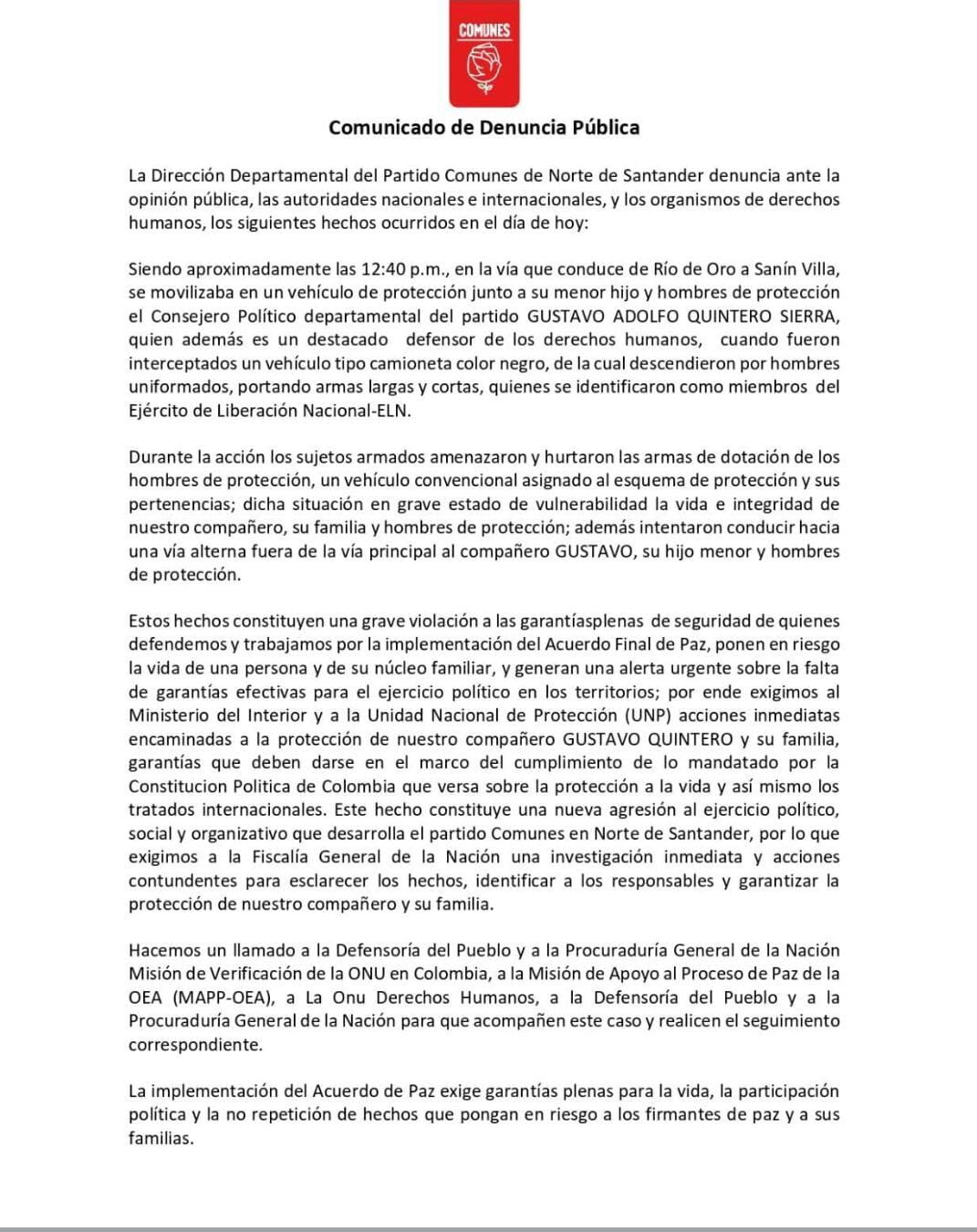 Comunicado del partido Comunes. / Foto: Cortesía.