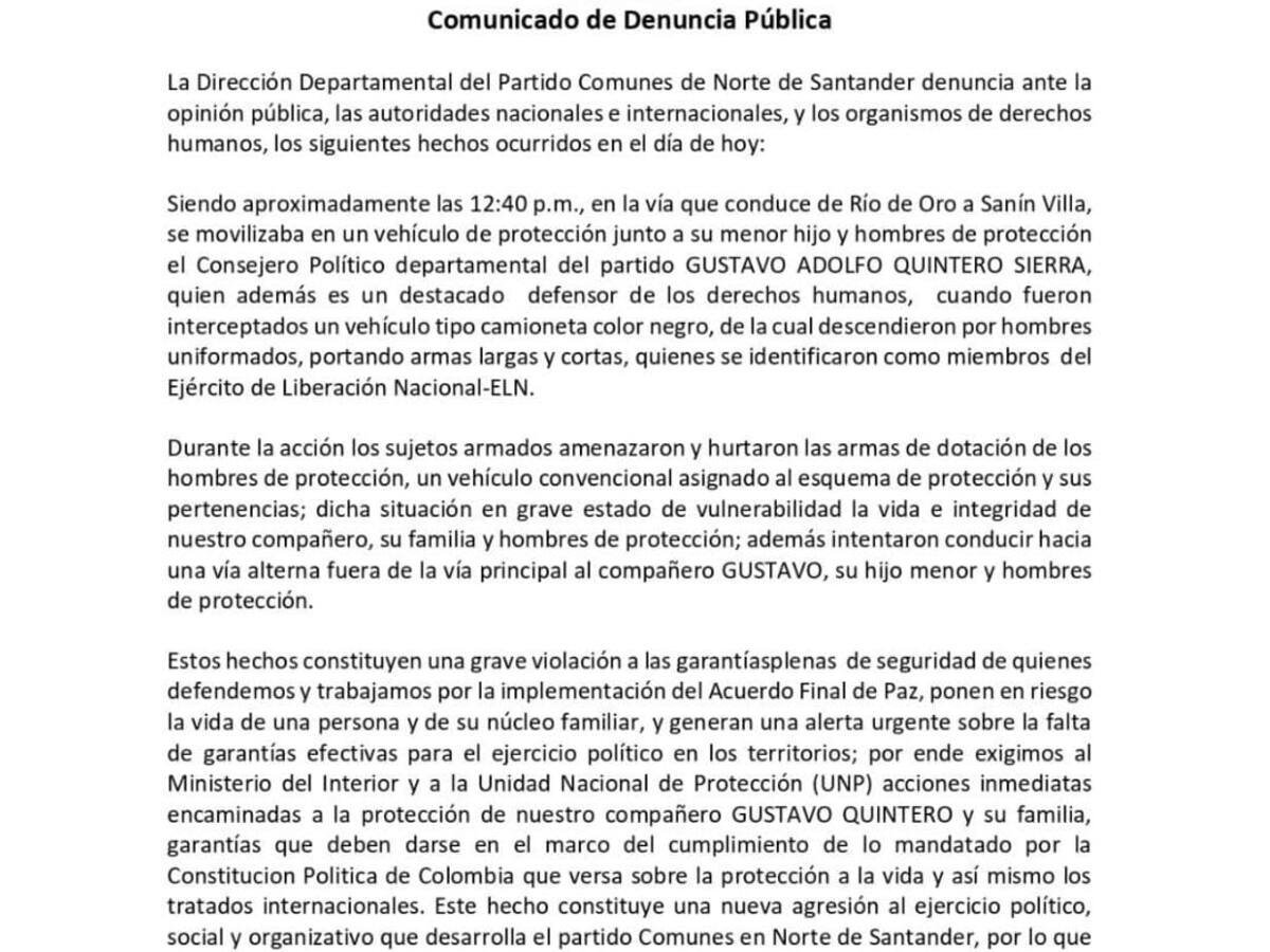 Dirigente del Partido Comunes fue interceptado por hombres armados en la vía Ocaña-Cesar