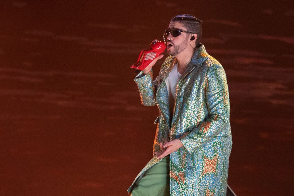 Bad Bunny performs during his first concert at Azteca Stadium as a part of World's Hottest Tour. Getty Images.