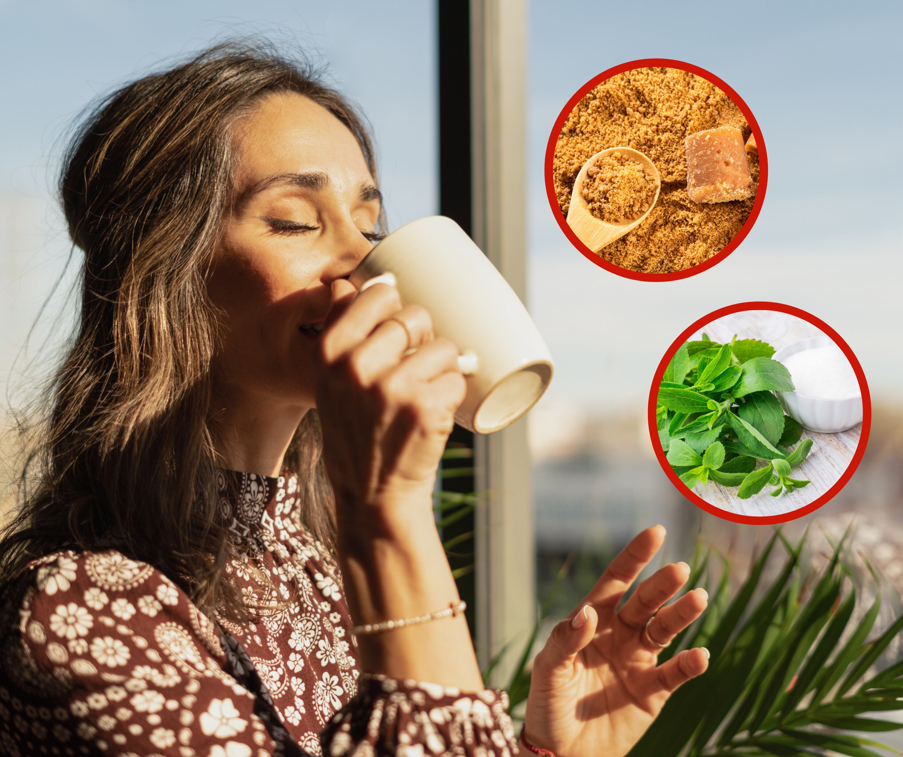 Mujer bebiendo algo junto a unas imágenes de panela y stevia (Fotos vía Getty Images)
