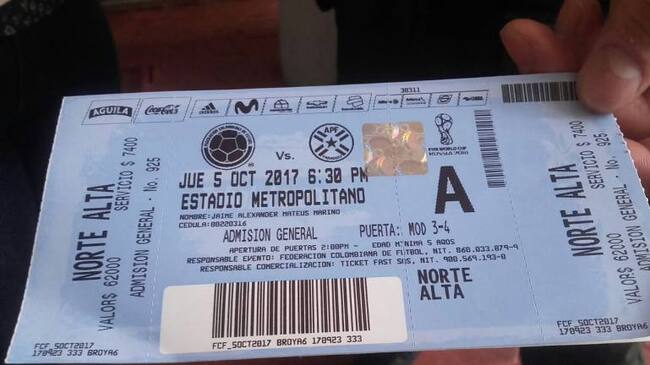 Boletas partido Colombia-Paraguay.