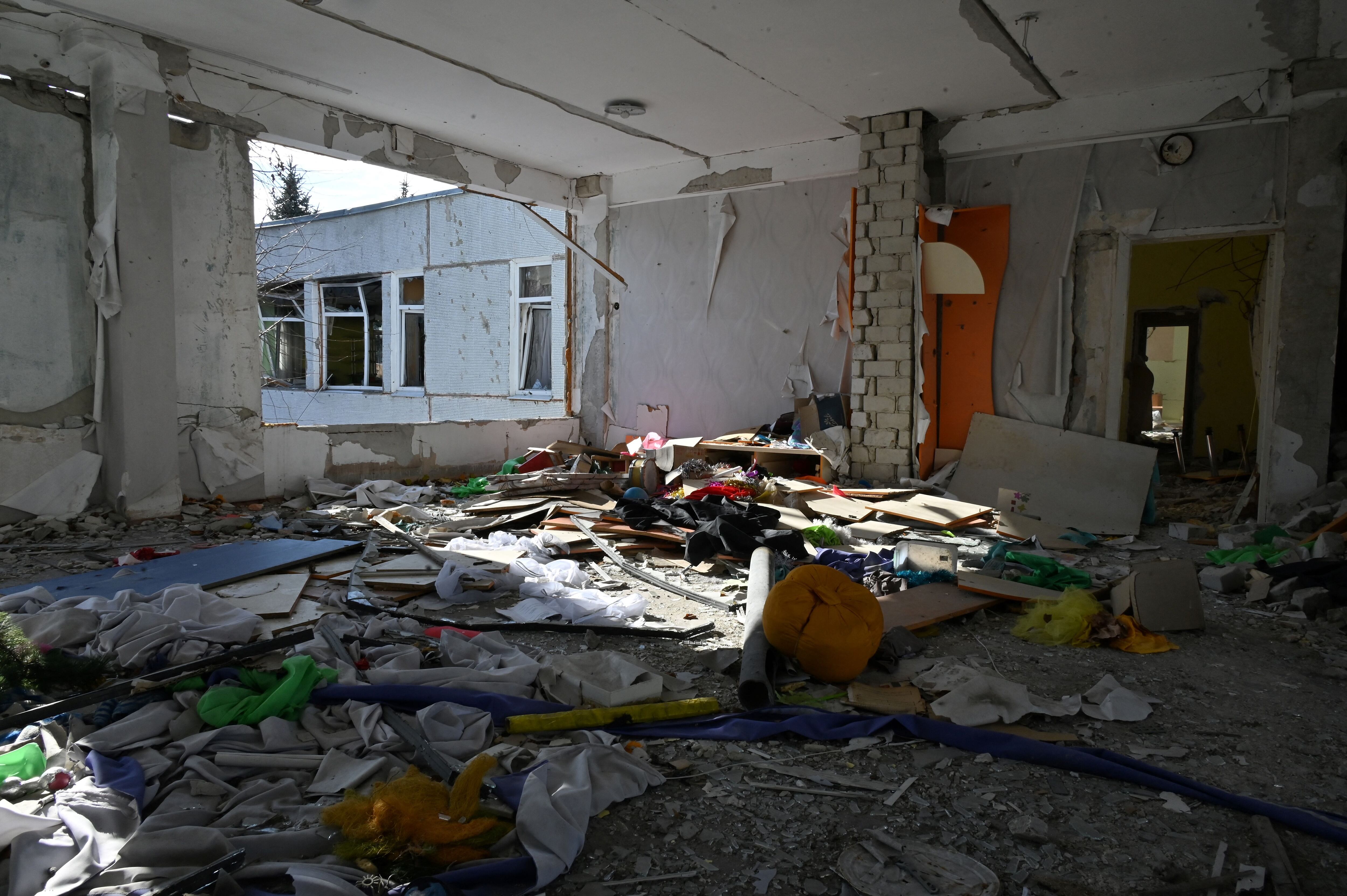A picture shows rubble and damages in a kindergarten destroyed by shelling in Kharkiv, on February 17, 2023, amid Russia's military invasion on Ukraine. (Photo by SERGEY BOBOK / AFP) (Photo by SERGEY BOBOK/AFP via Getty Images)