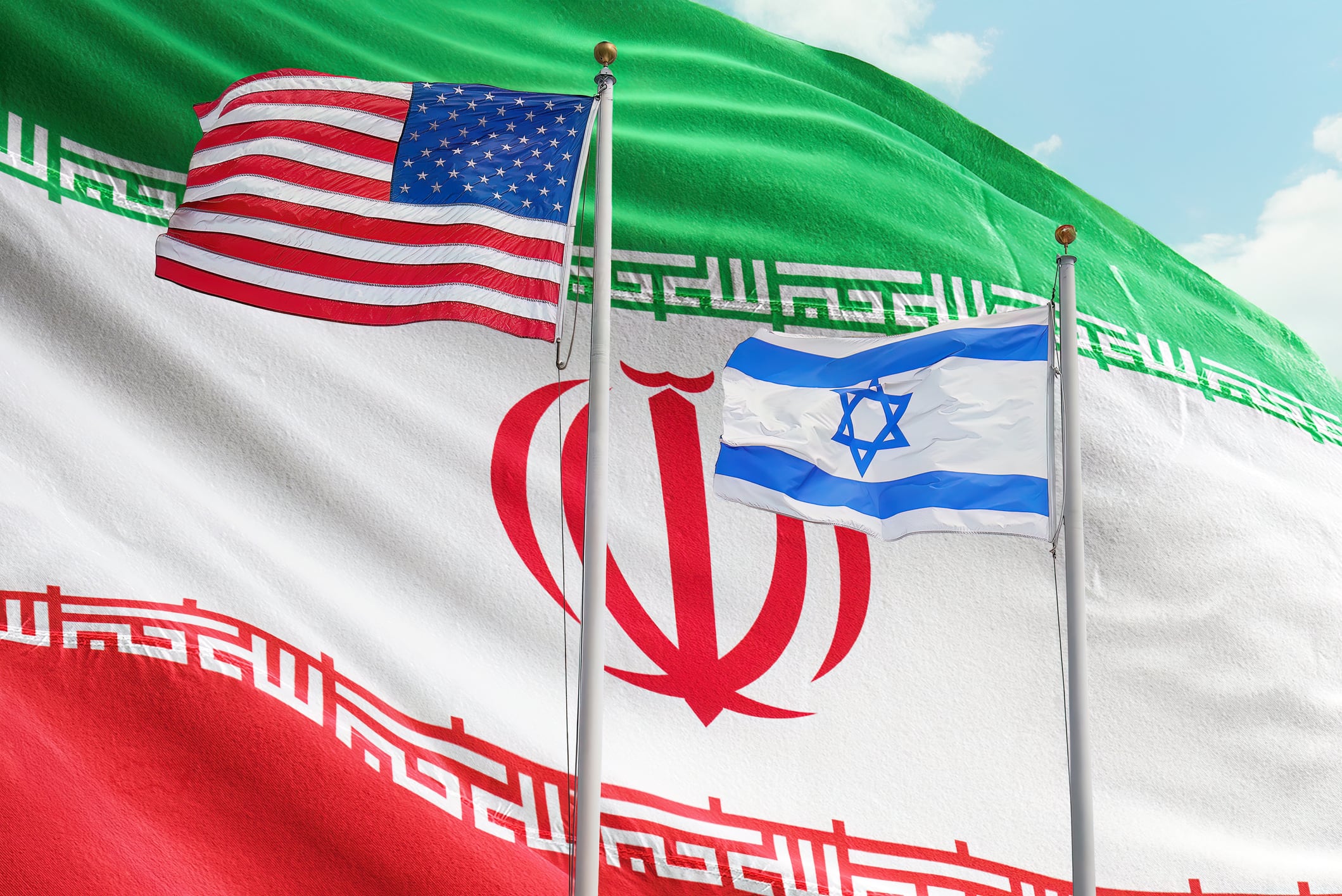 Banderas de Irán, Estados Unidos e Israel. Foto: Getty Images