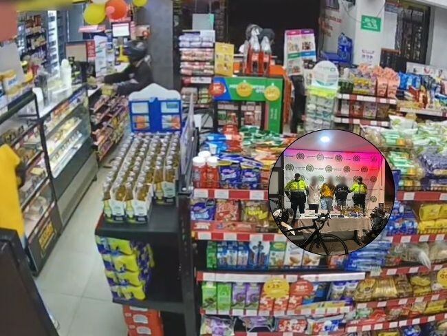 momento del robo a un supermercado en el barrio Espartillal de Chapinero.