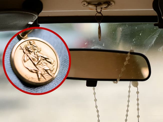 Medalla de San Cristóbal y retrovisor de vehículo. Fotos: Getty Images.