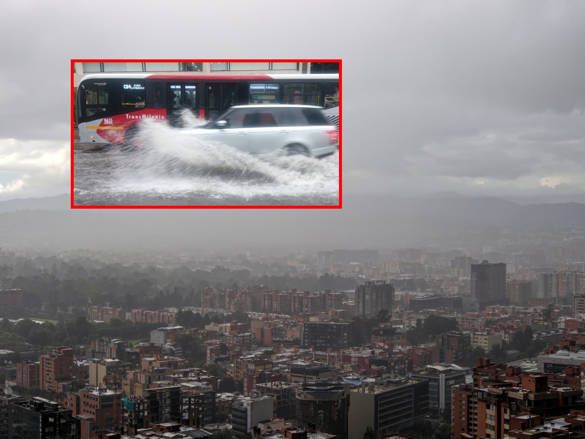 Panorámica de Bogotá y encharcamiento. Fotos: Getty Images / Caracol Radio