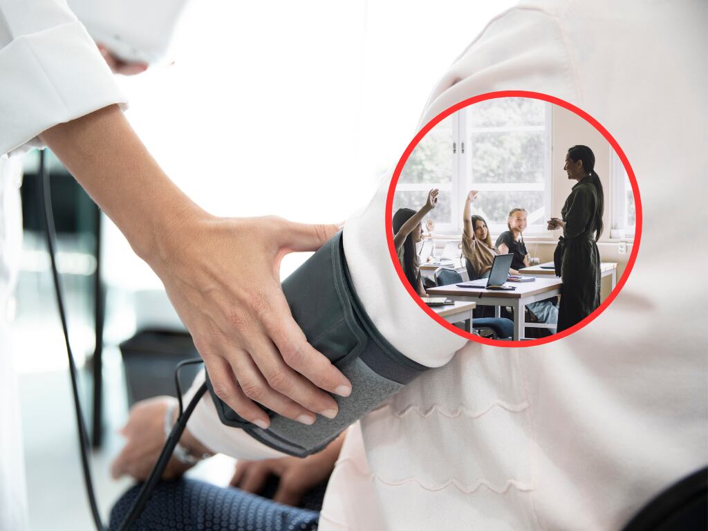 Persona siendo atentida por un profesional de la salud y de fondo una maestra en el aula de clase con sus estudiantes (Fotos vía Getty Images y Cortesía Ministerio)