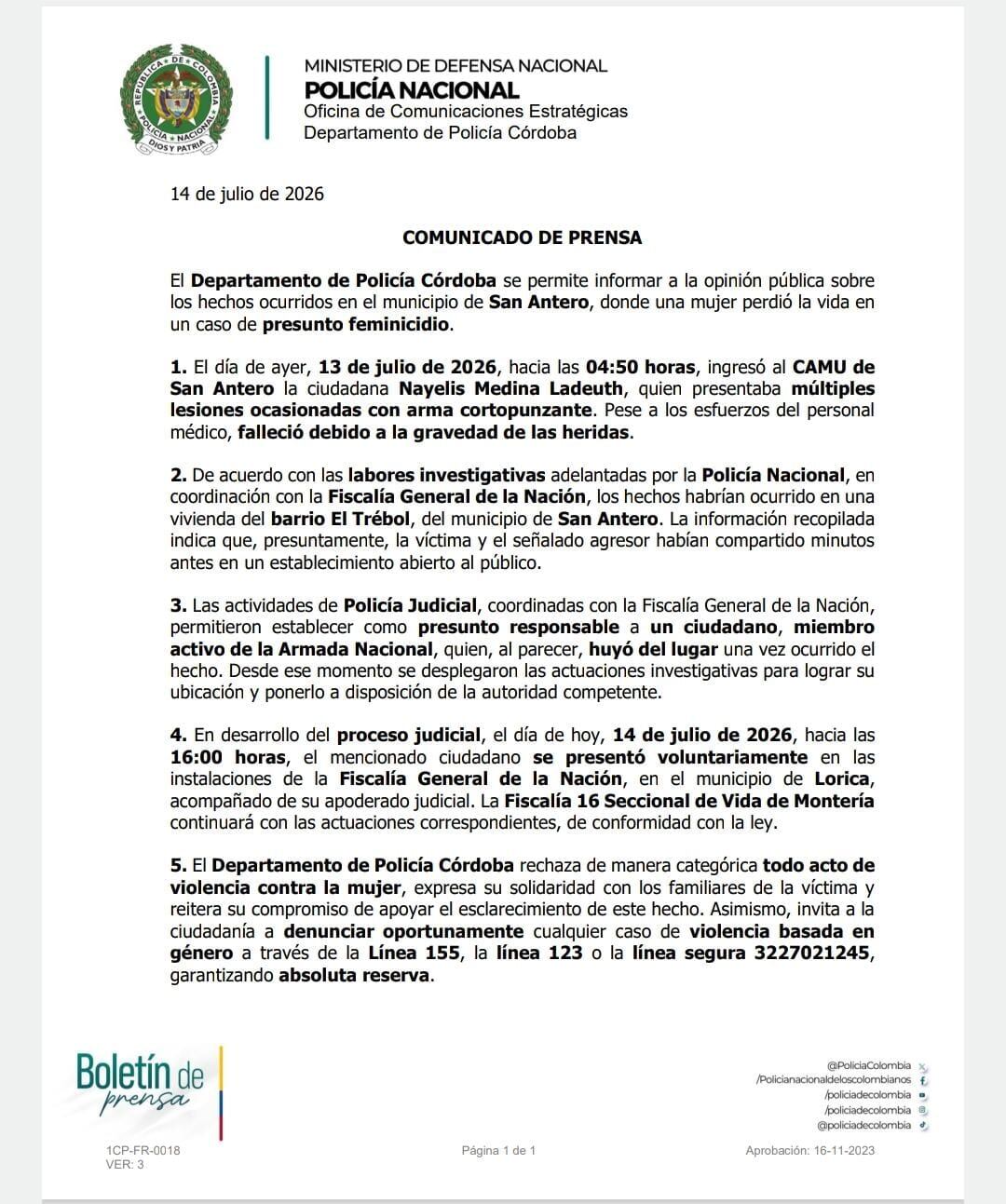 Comunicado de prensa de Policía de Córdoba.