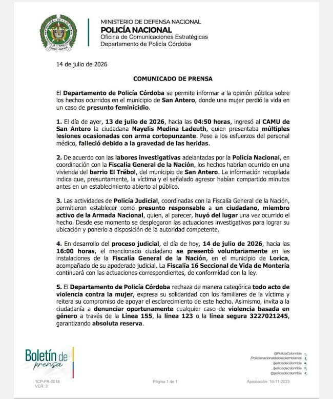 Comunicado de prensa de Policía de Córdoba.