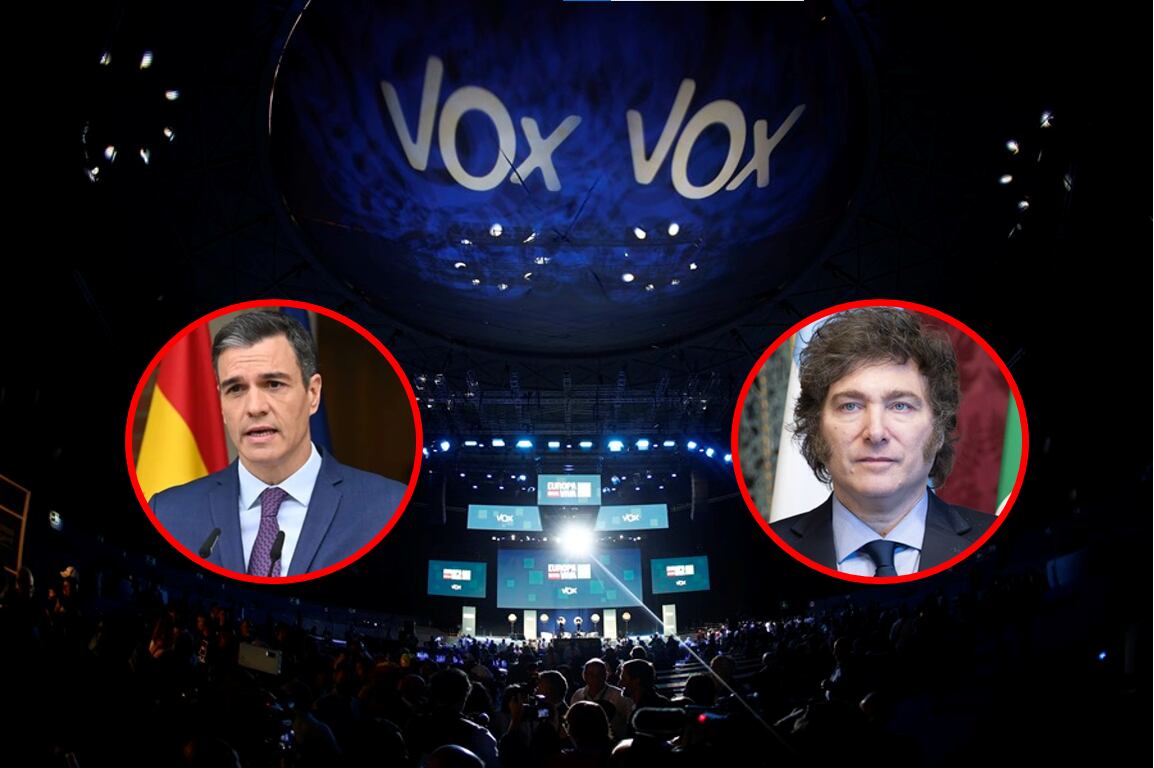 Jefe de Gobierno español Pedro Sánchez, y el presidente de Argentina, Javier Milei. Imagen referencial al mitin político de Vox en España.