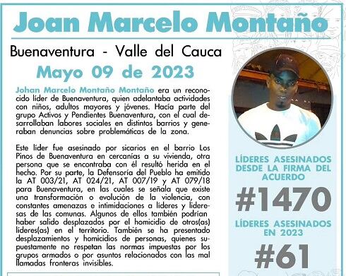 Este líder fue asesinado por sicarios en el barrio Los Pinos de Buenaventura en cercanías a su vivienda.
