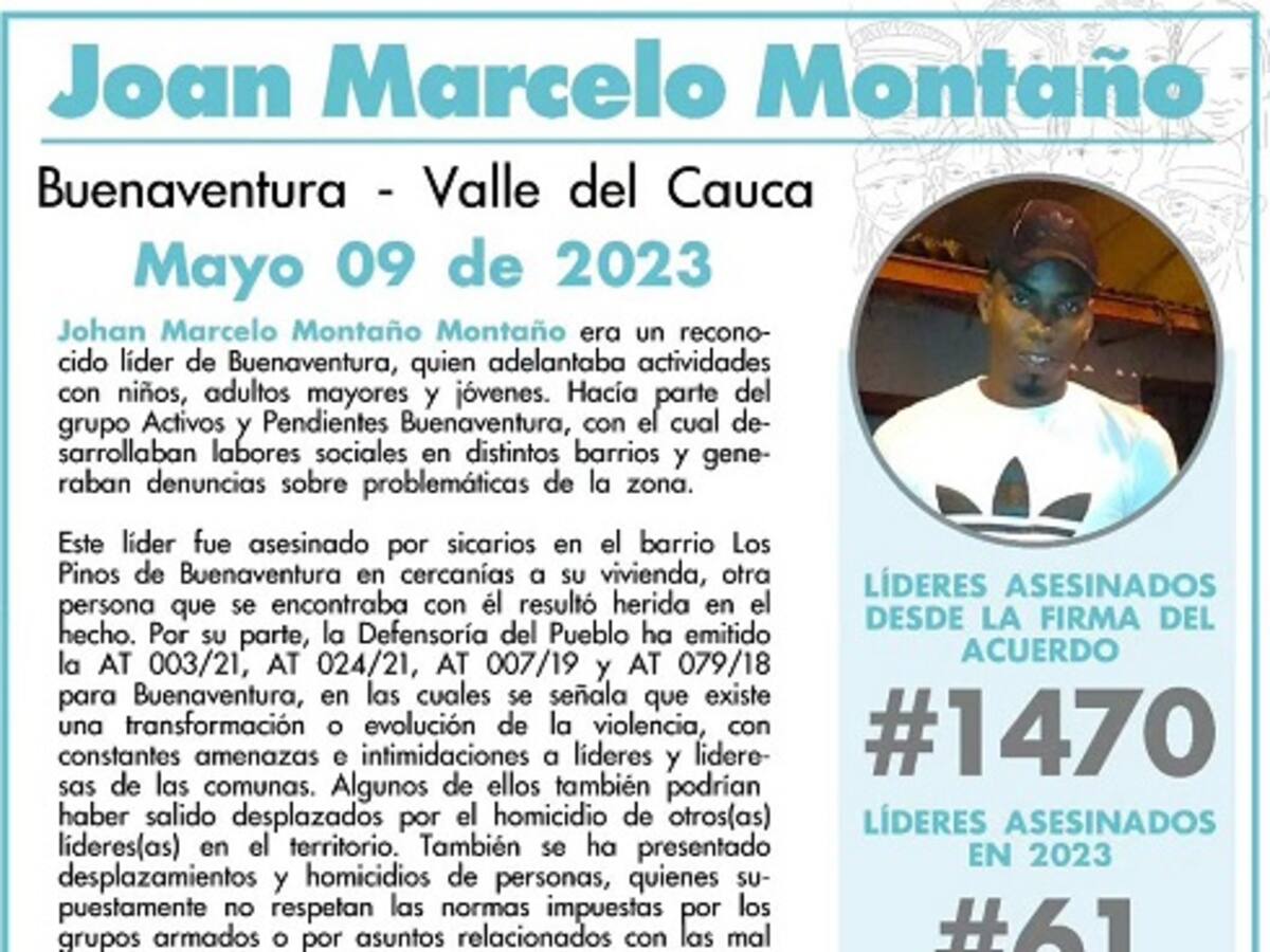 Asesinado el líder social Joan Marcelo Montaño de Buenaventura