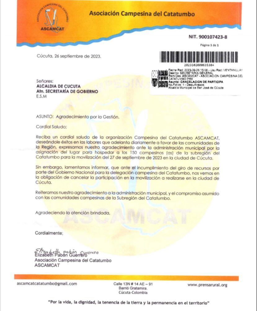 Carta enviada para la cancelación del evento