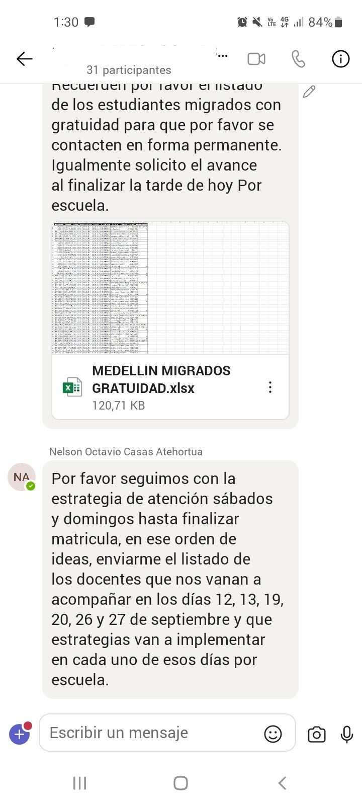 Grupo de Teams en el que se genera la presión denunciada