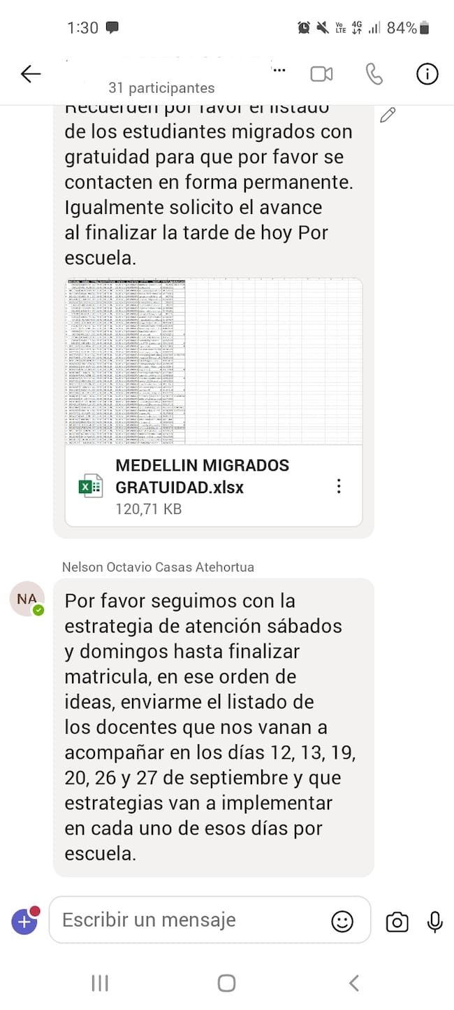 Grupo de Teams en el que se genera la presión denunciada