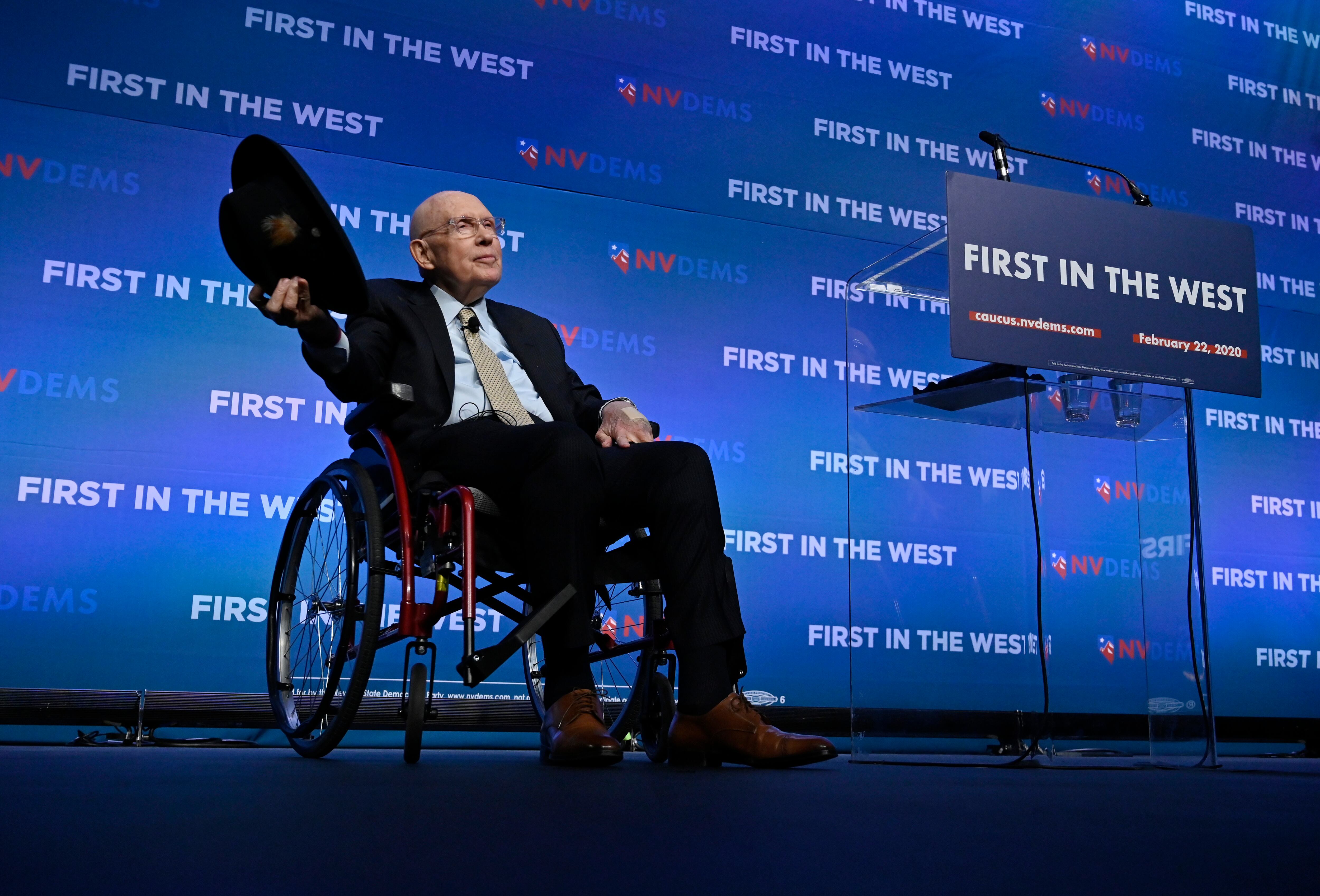 LAS VEGAS, NEVADA - NOVEMBER 17:  Former U.S. Senate Majority Leader Harry Reid acknowledges the audience during the Nevada Democrats' "First in the West" event at Bellagio Resort & Casino on November 17, 2019 in Las Vegas, Nevada. The Nevada Democratic presidential caucuses is scheduled for February 22, 2020.  (Photo by David Becker/Getty Images)