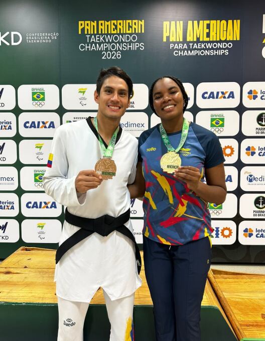 Gloria Mosquera y Miguel Trejos.Vallecaucanos medalla de oro y bronce en los Panamericano de Taekwondo de Brasil 2026. Foto: Indervalle.