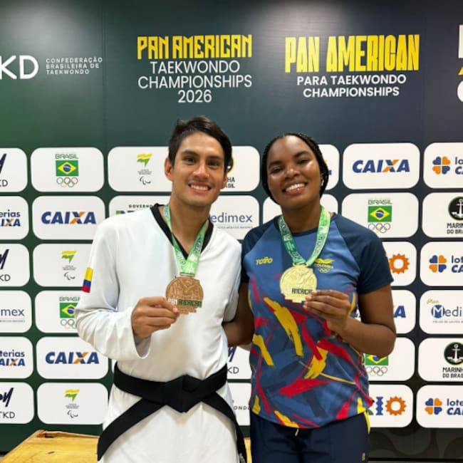 Gloria Mosquera y Miguel Trejos.Vallecaucanos medalla de oro y bronce en los Panamericano de Taekwondo de Brasil 2026. Foto: Indervalle.