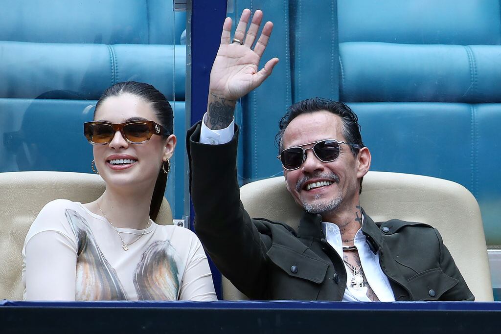 MIAMI GARDENS, FLORIDA - MARCH 23: Marc Anthony and his wife Nadia Ferreira attend the match between Novak Djokovic of Serbia and Camilo Ugo Carabelli of Argentina during Day 6 of the Miami Open at Hard Rock Stadium on March 23, 2025 in Miami Gardens, Florida. (Photo by Leonardo Fernandez/Getty Images)