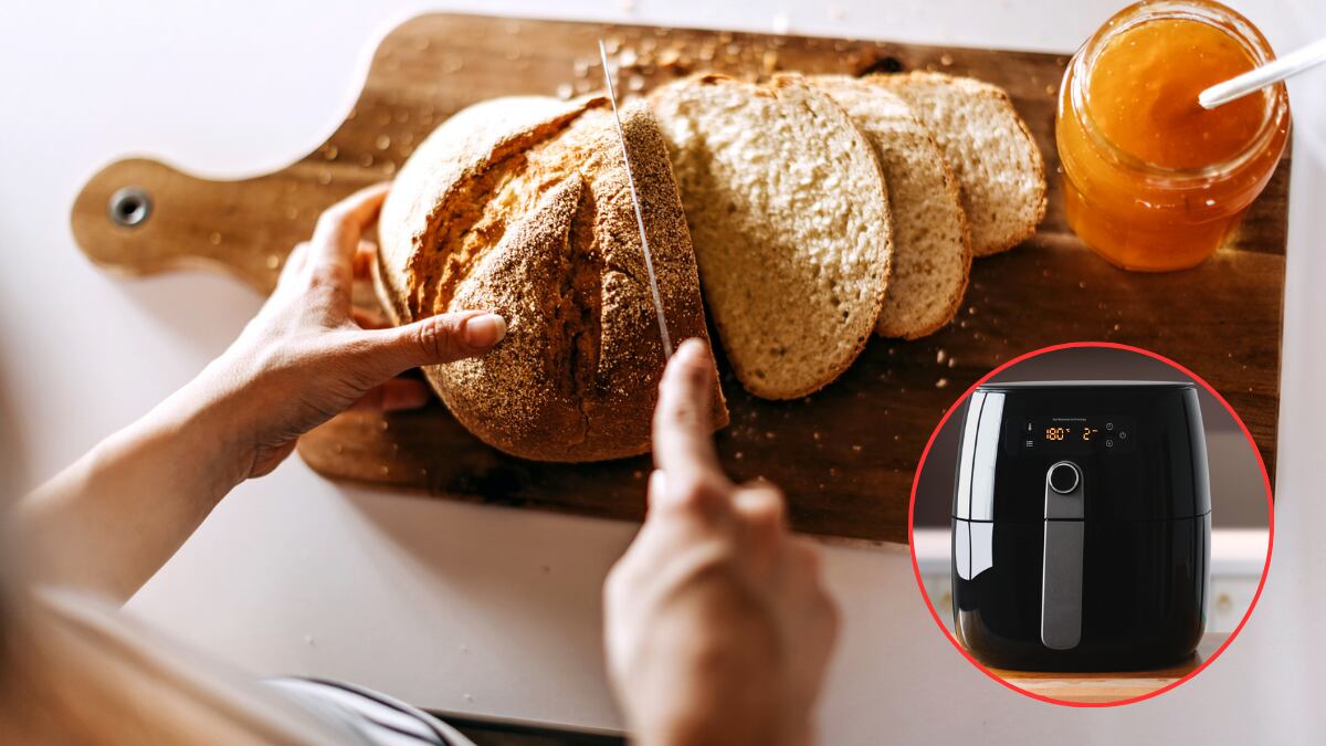 Persona cortando pan artesanal / Air fryer (Getty Images)