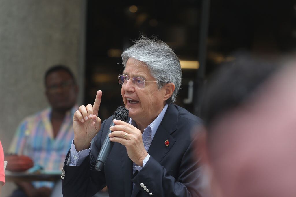 GUAYAQUIL, ECUADOR - MARCH 18: President Guillermo Lasso of Ecuador speaks during a visit to Guayaquil on March 18, 2022 in Guayaquil, Ecuador. Lasso announced easing restriction measures on COVID-19 and a 100% capacity for all sporting events, restaurants, cinemas, workplaces. (Photo by Gerardo Menoscal/Agencia Press South/Getty Images)