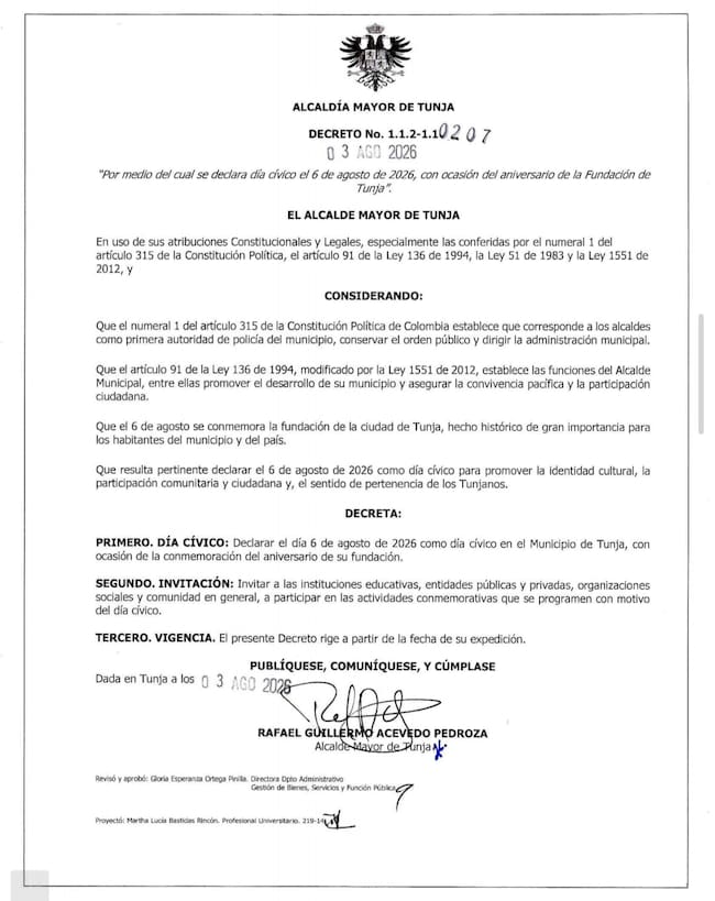 La Alcaldía Mayor de Tunja expidió el Decreto No. 1.1.2-1.10207, mediante el cual declaró día cívico el próximo 6 de agosto de 2026.